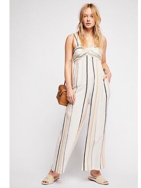 FREE PEOPLE Breezin Through Beige Striped Wide Leg Jumpsuit nwot sz M